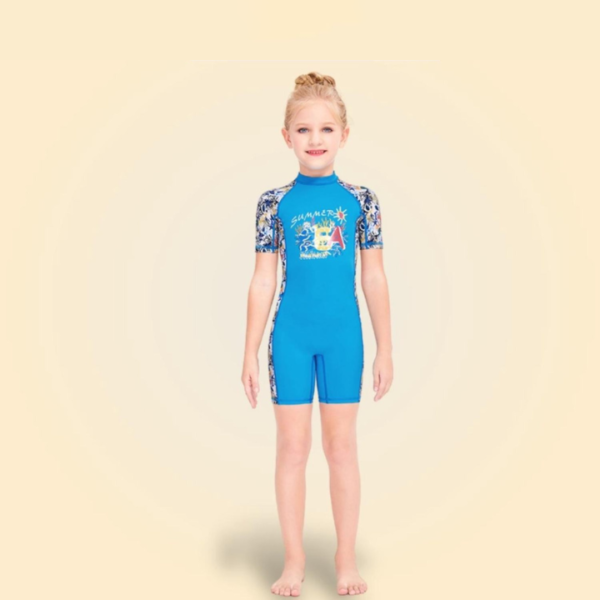 D25 - Đồ bơi bé gái màu xanh tay ngắn