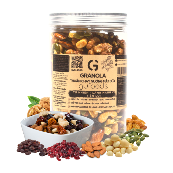 Granola thuần chay nướng mật dừa nước GUfoods (0% yến mạch; Mix siêu hạt mắc ca, óc chó, nam việt quất, hạnh nhân, hạt điều, nho khô) - Dinh dưỡng, Tiện lợi, Thơm ngon, Giàu lợi ích sức khỏe